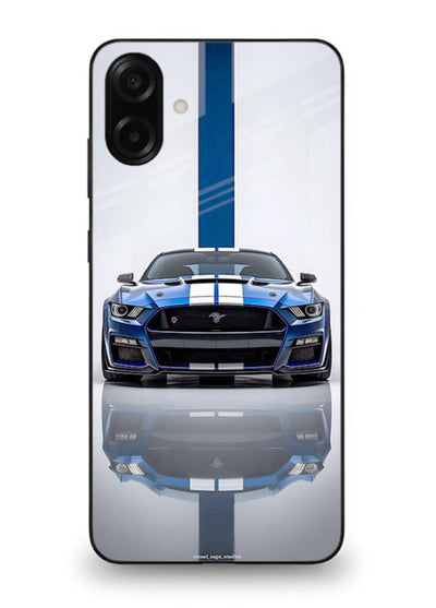 Blue Ford Mustang GT in minimal studio setup with performance styling for Samsung M13 5G