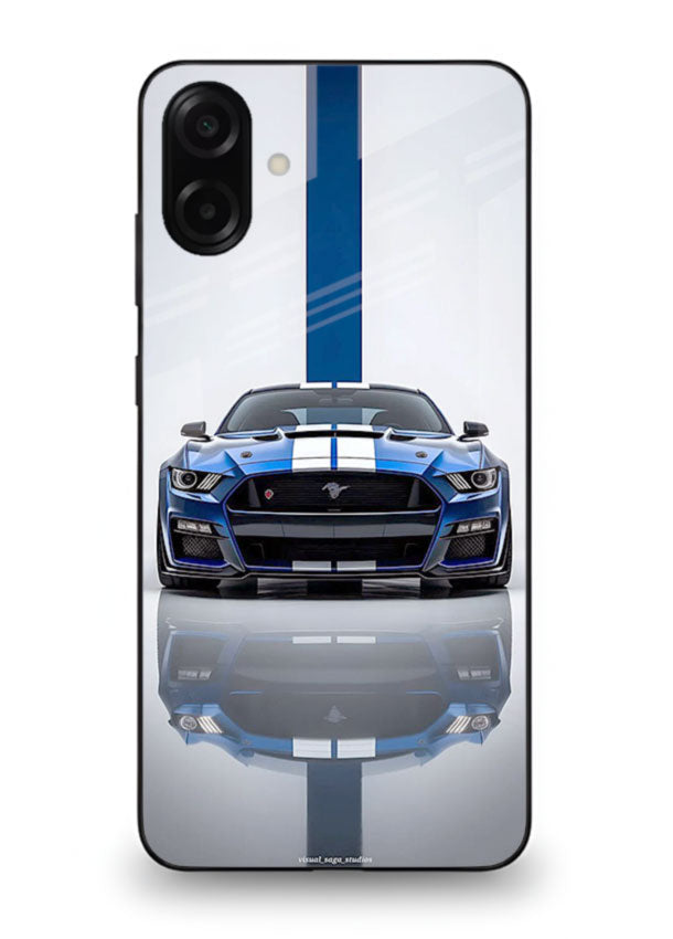Blue Ford Mustang GT in minimal studio setup with performance styling for Samsung M13 5G