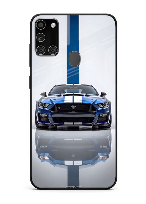 Blue Ford Mustang GT in minimal studio setup with performance styling for Samsung A21s