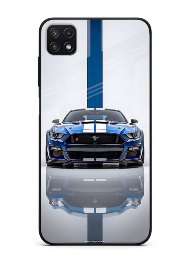 Blue Ford Mustang GT in minimal studio setup with performance styling for Samsung F42 5G