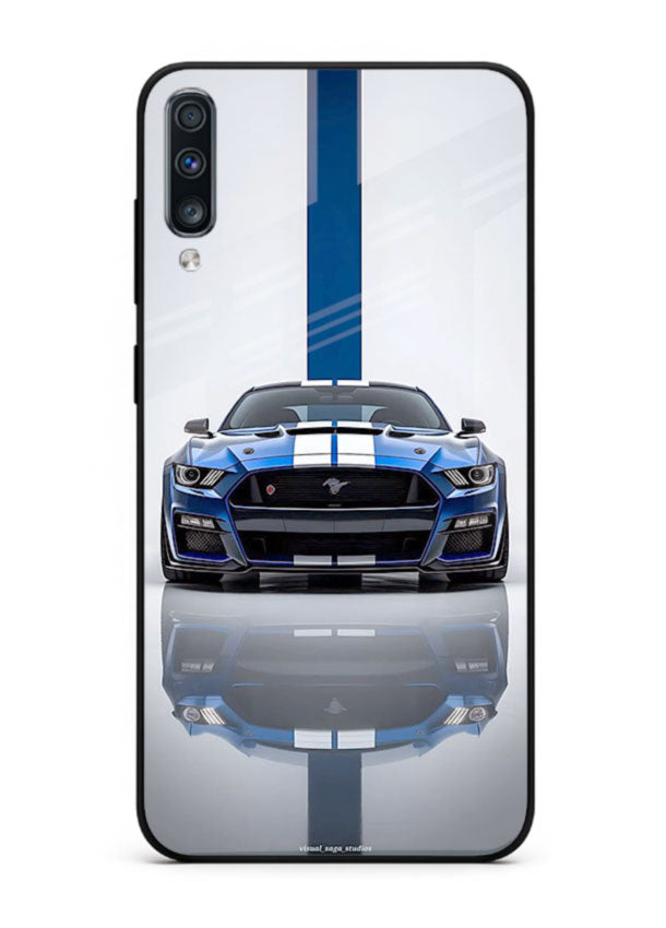 Blue Ford Mustang GT in minimal studio setup with performance styling for Samsung A70
