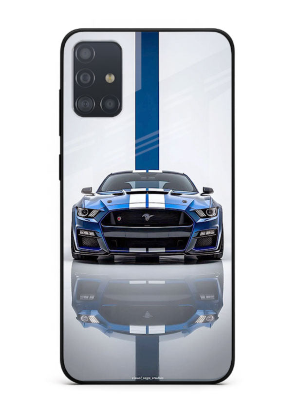 Blue Ford Mustang GT in minimal studio setup with performance styling for Samsung A71
