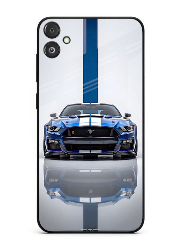 Blue Ford Mustang GT in minimal studio setup with performance styling for Samsung F14 5G