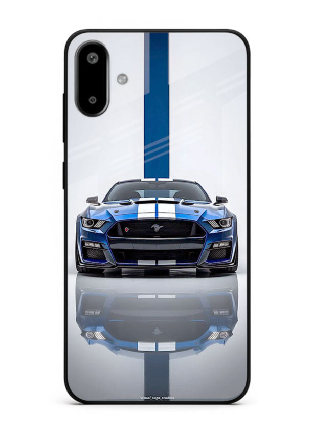 Blue Ford Mustang GT in minimal studio setup with performance styling for Samsung F06 5G