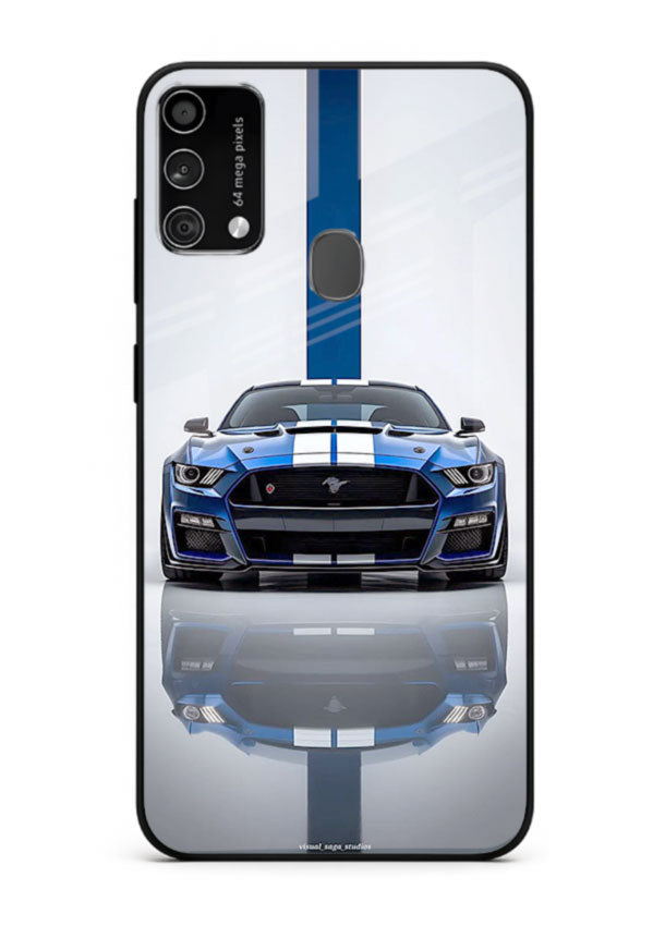 Blue Ford Mustang GT in minimal studio setup with performance styling for Samsung F41