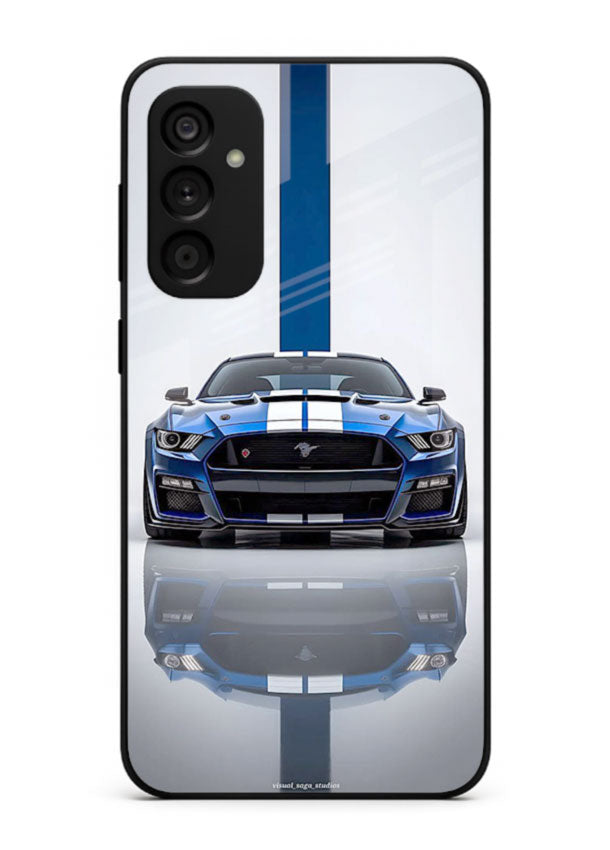 Blue Ford Mustang GT in minimal studio setup with performance styling for Samsung M15 5G