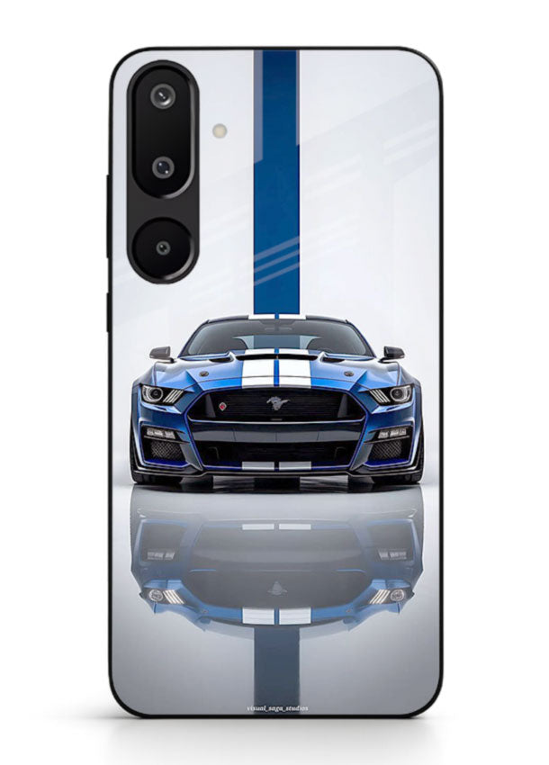 Blue Ford Mustang GT in minimal studio setup with performance styling for Samsung M16 5G