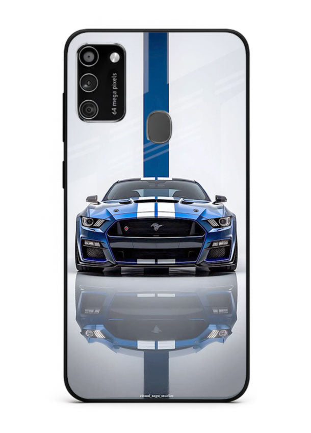 Blue Ford Mustang GT in minimal studio setup with performance styling for Samsung M30s