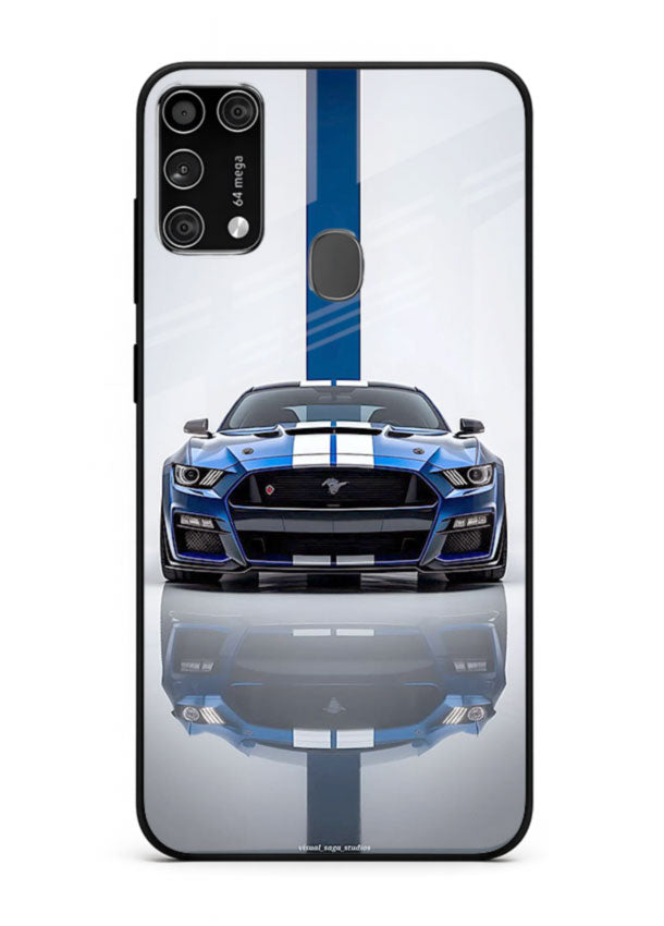 Blue Ford Mustang GT in minimal studio setup with performance styling for Samsung M31