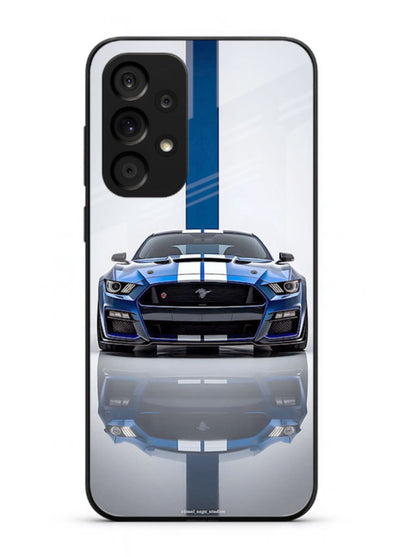 Blue Ford Mustang GT in minimal studio setup with performance styling for Samsung M32 5G
