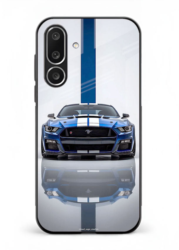 Blue Ford Mustang GT in minimal studio setup with performance styling for Samsung M56 5G