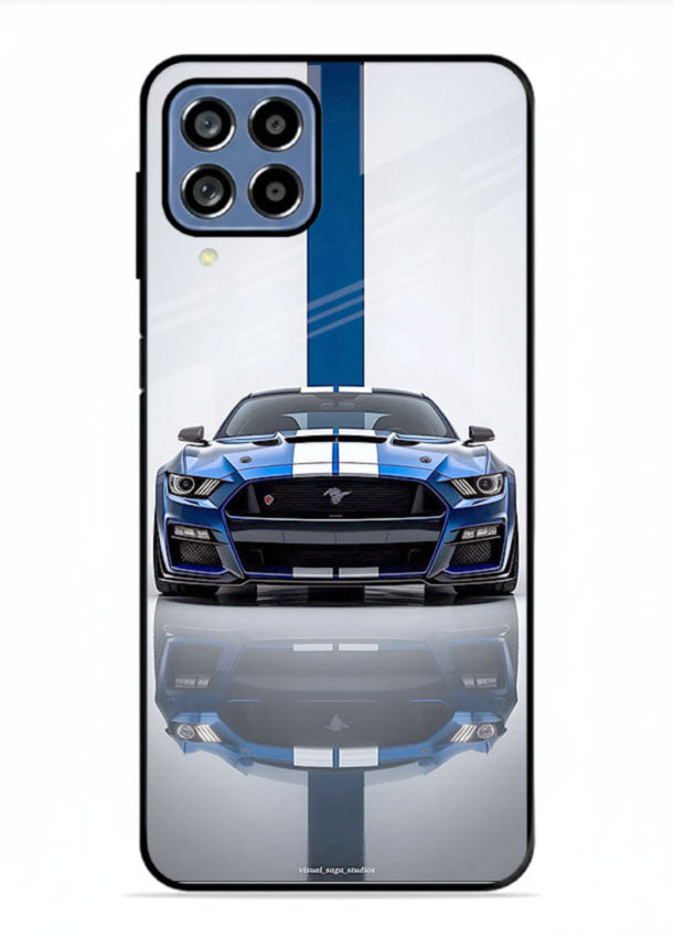 Blue Ford Mustang GT in minimal studio setup with performance styling for Samsung M53 5G