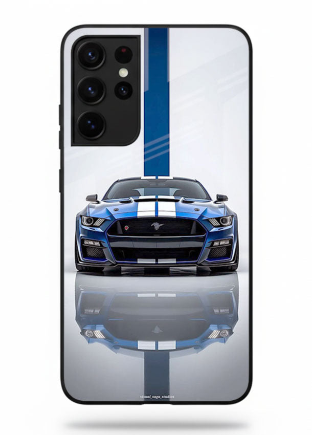 Blue Ford Mustang GT in minimal studio setup with performance styling for Samsung S21 Ultra