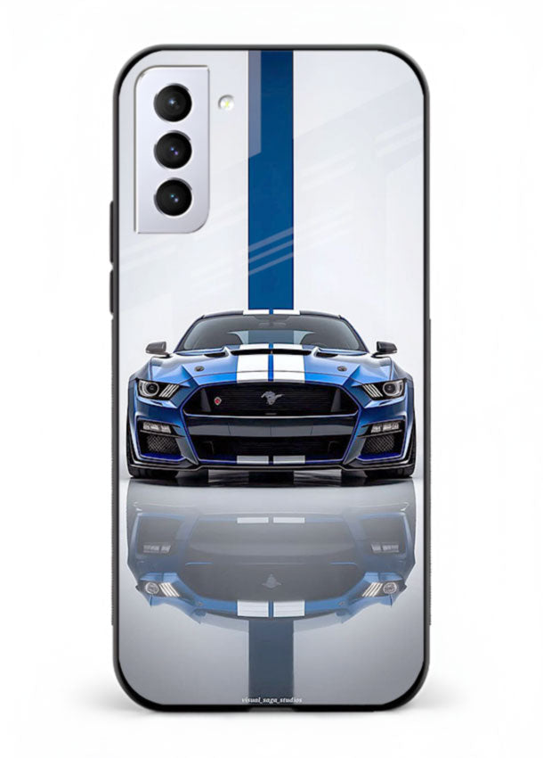 Blue Ford Mustang GT in minimal studio setup with performance styling for Samsung S22
