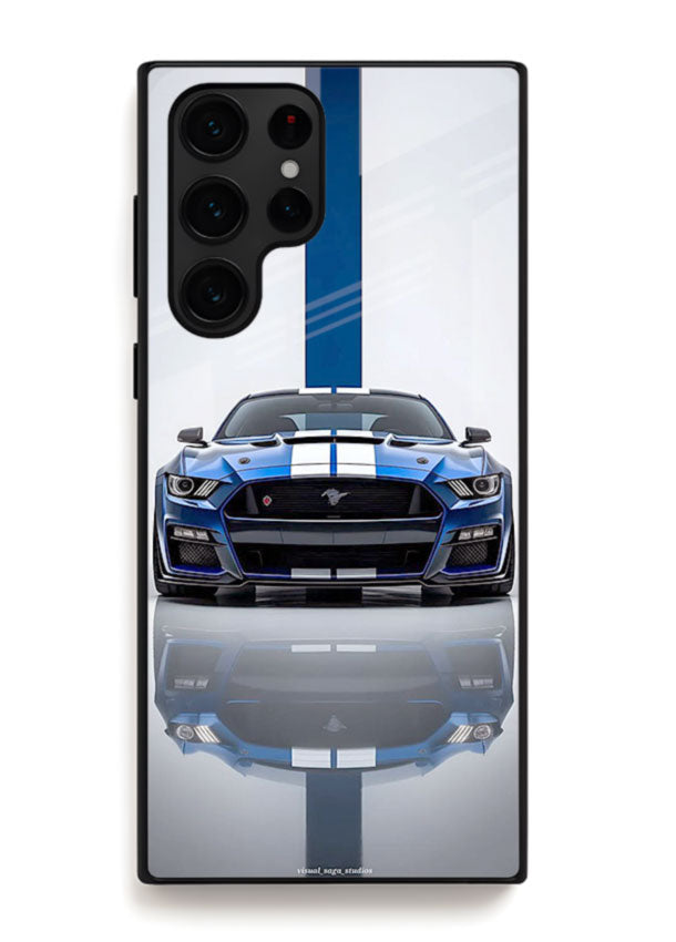 Blue Ford Mustang GT in minimal studio setup with performance styling for Samsung S25 Ultra