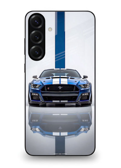 Blue Ford Mustang GT in minimal studio setup with performance styling for Samsung S25