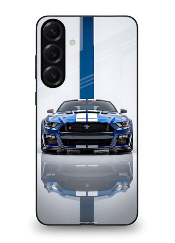 Blue Ford Mustang GT in minimal studio setup with performance styling for Samsung S25