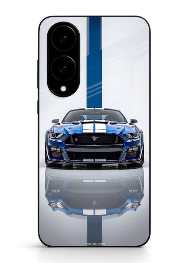 Blue Ford Mustang GT in minimal studio setup with performance styling for Samsung S25 Edge