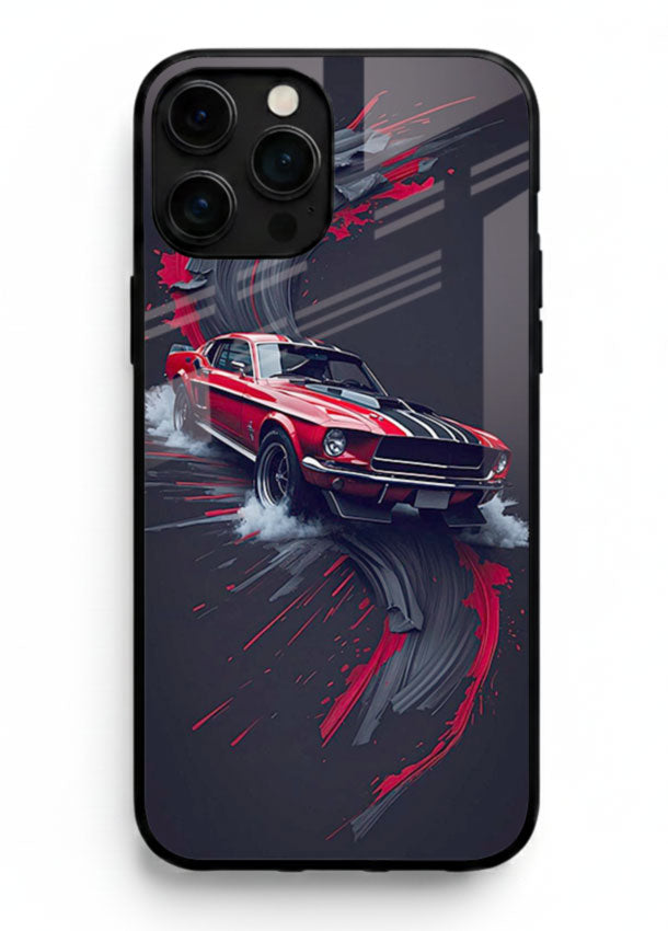Classic Ford Mustang with red paint splash effect in dynamic motion design for iPhone 16 Pro Max