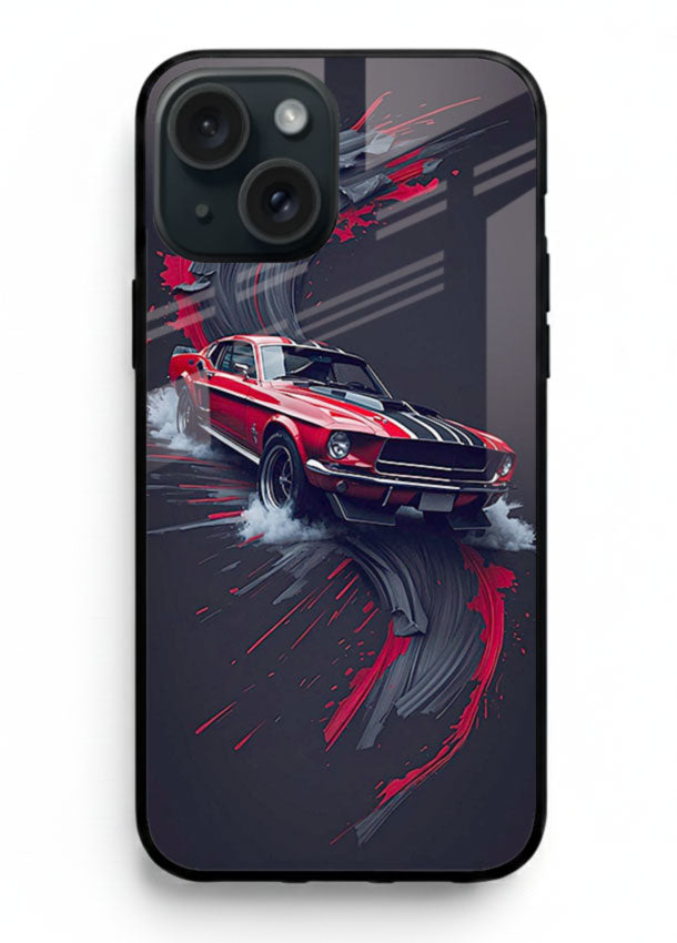 Classic Ford Mustang with red paint splash effect in dynamic motion design for iPhone 15 Plus