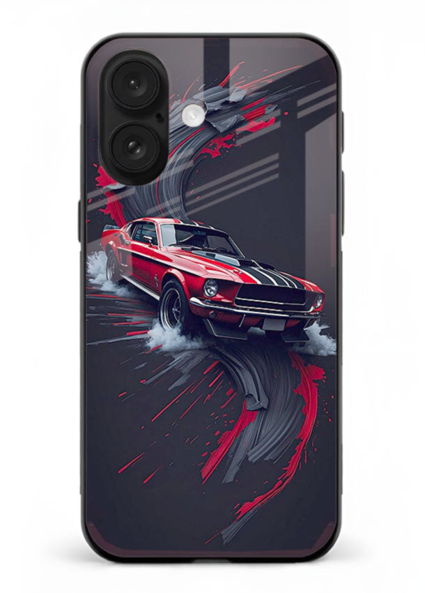 Classic Ford Mustang with red paint splash effect in dynamic motion design for iPhone 18