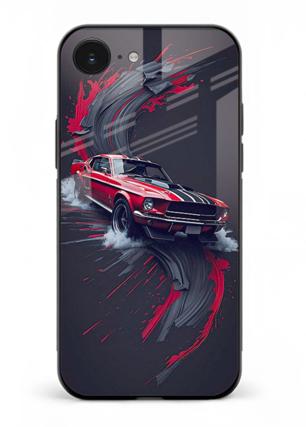 Classic Ford Mustang with red paint splash effect in dynamic motion design for iPhone 16E