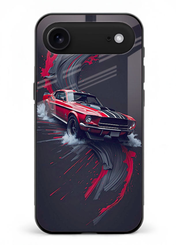 Classic Ford Mustang with red paint splash effect in dynamic motion design for iPhone 18 Air