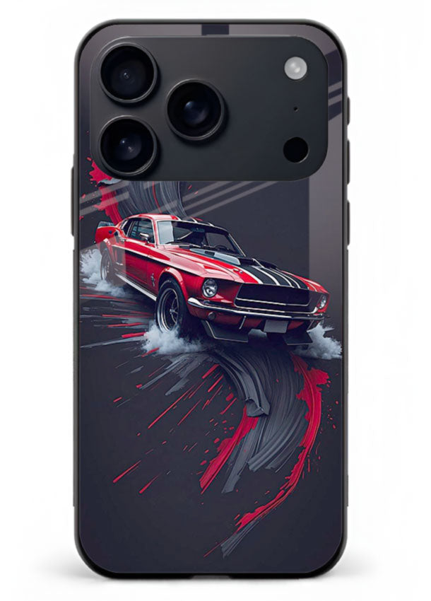 Classic Ford Mustang with red paint splash effect in dynamic motion design for iPhone 18 Pro Max
