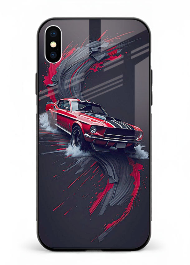 Classic Ford Mustang with red paint splash effect in dynamic motion design for iPhone XS Max