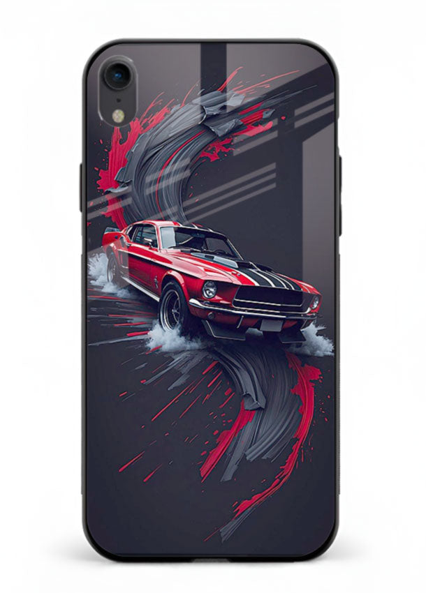 Classic Ford Mustang with red paint splash effect in dynamic motion design for iPhone XR
