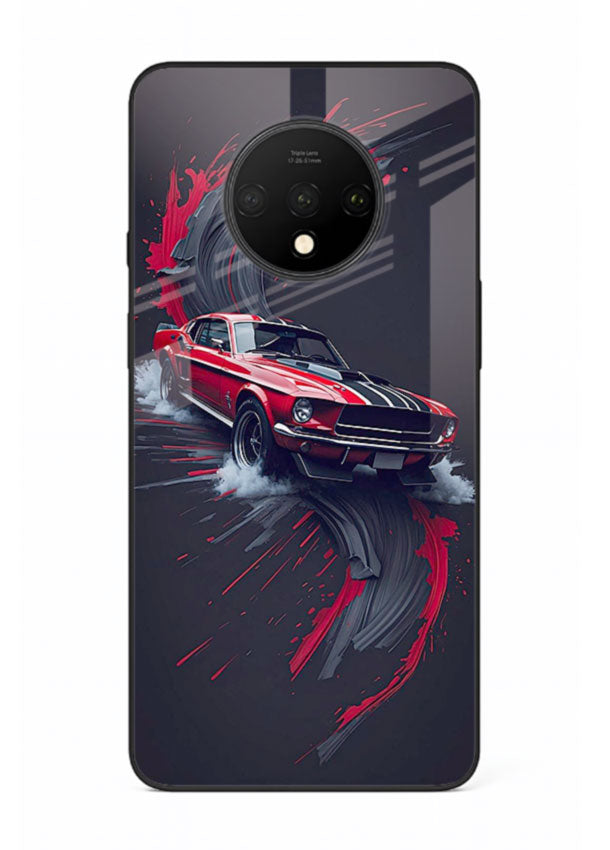 Classic Ford Mustang with red paint splash effect in dynamic motion design for OnePlus 7T