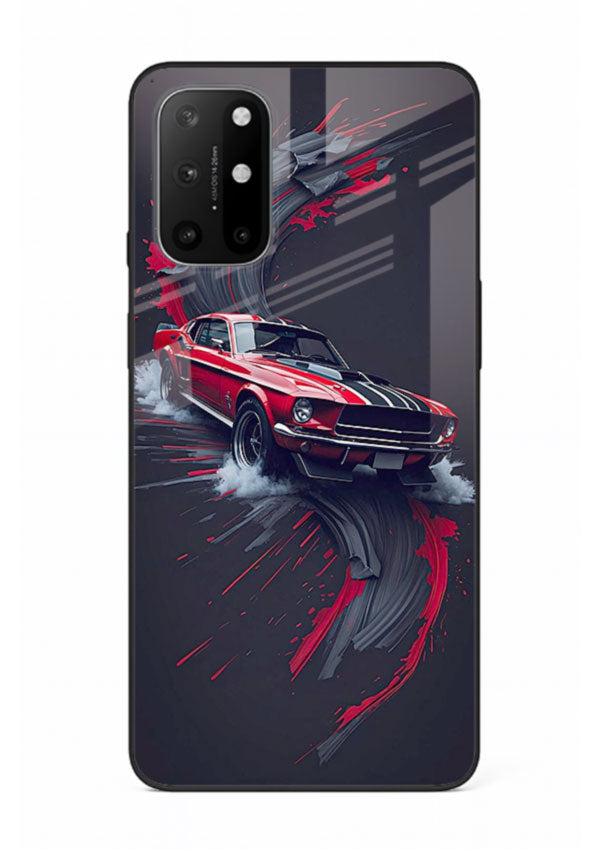 Classic Ford Mustang with red paint splash effect in dynamic motion design for OnePlus 8T