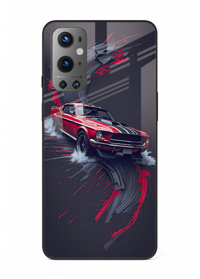 Classic Ford Mustang with red paint splash effect in dynamic motion design for OnePlus 9