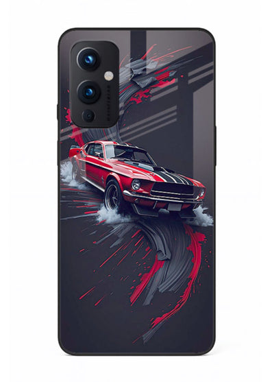 Classic Ford Mustang with red paint splash effect in dynamic motion design for OnePlus 9 Pro