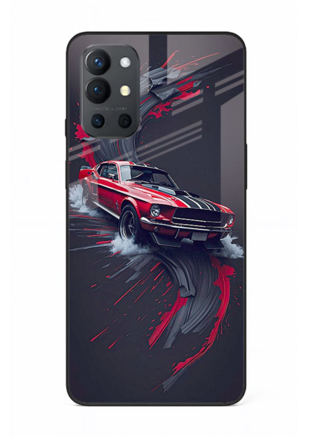Classic Ford Mustang with red paint splash effect in dynamic motion design for OnePlus 9R