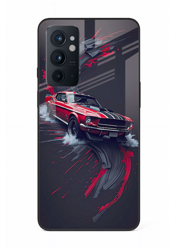 Classic Ford Mustang with red paint splash effect in dynamic motion design for OnePlus 9RT