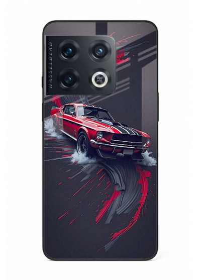 Classic Ford Mustang with red paint splash effect in dynamic motion design for OnePlus 10 Pro