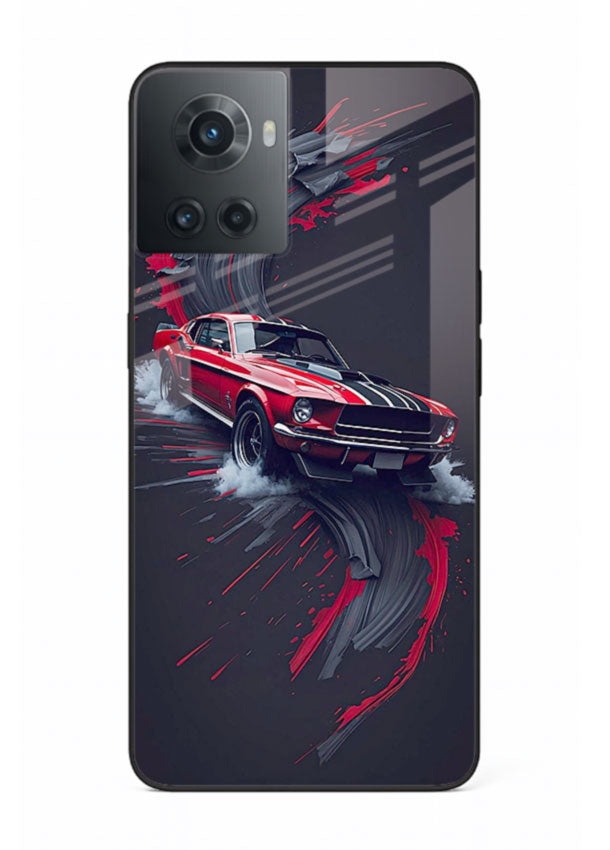 Classic Ford Mustang with red paint splash effect in dynamic motion design for OnePlus 10R