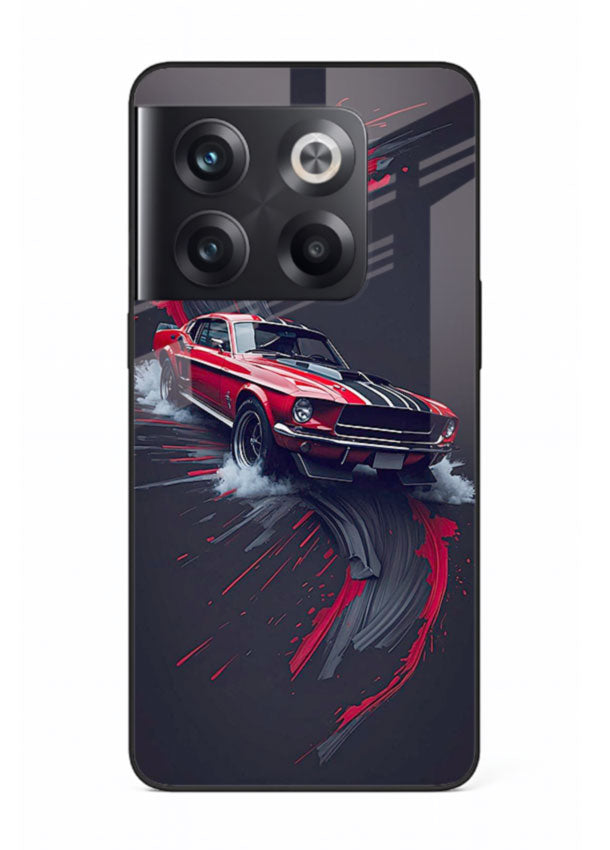 Classic Ford Mustang with red paint splash effect in dynamic motion design for OnePlus 10T