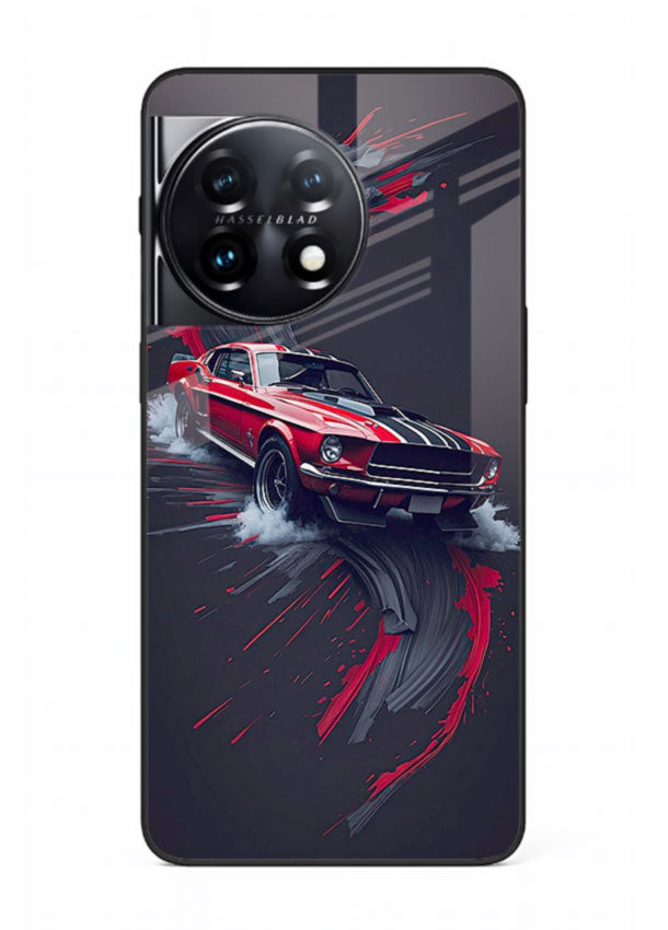Classic Ford Mustang with red paint splash effect in dynamic motion design for OnePlus 11R