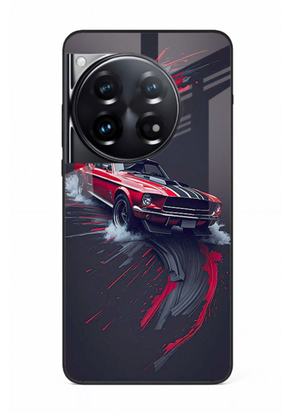 Classic Ford Mustang with red paint splash effect in dynamic motion design for OnePlus 12