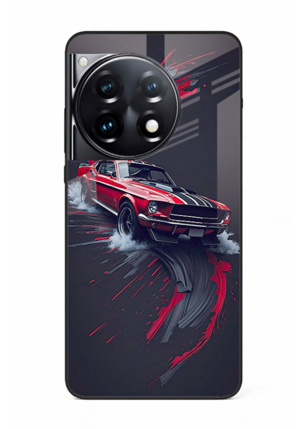 Classic Ford Mustang with red paint splash effect in dynamic motion design for OnePlus 12R