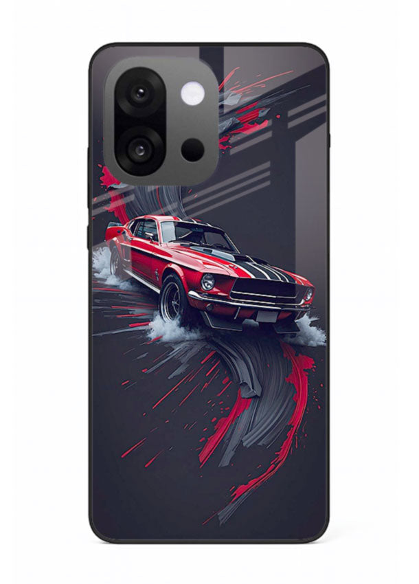 Classic Ford Mustang with red paint splash effect in dynamic motion design for OnePlus 13s
