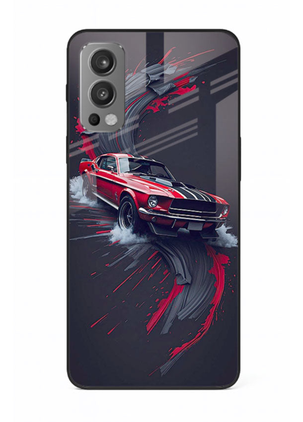 Classic Ford Mustang with red paint splash effect in dynamic motion design for OnePlus Nord 2