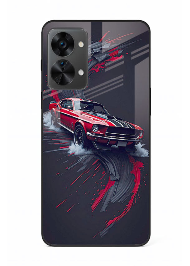 Classic Ford Mustang with red paint splash effect in dynamic motion design for OnePlus Nord 2T