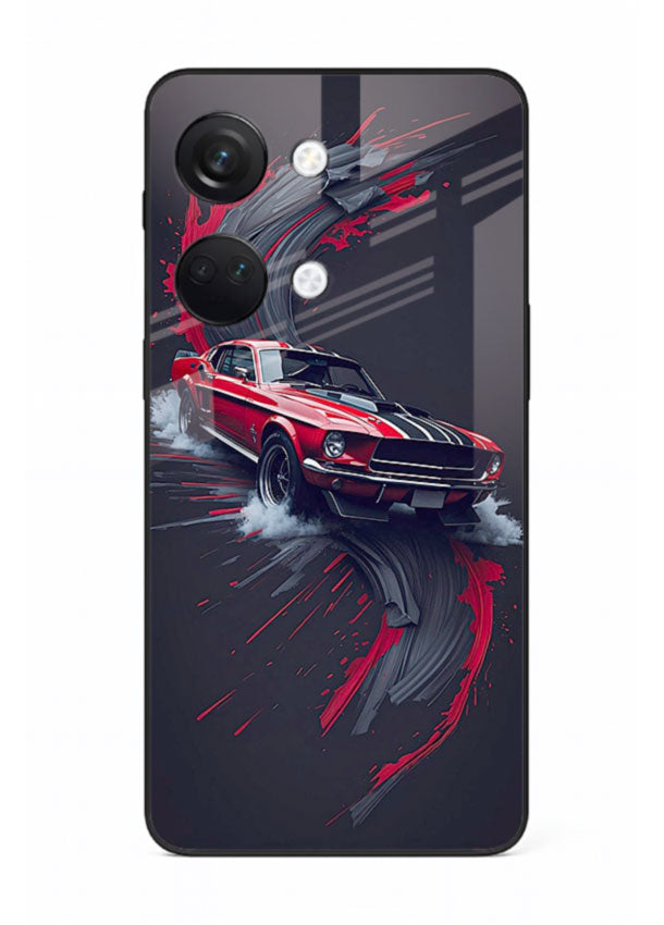 Classic Ford Mustang with red paint splash effect in dynamic motion design for OnePlus Nord 3