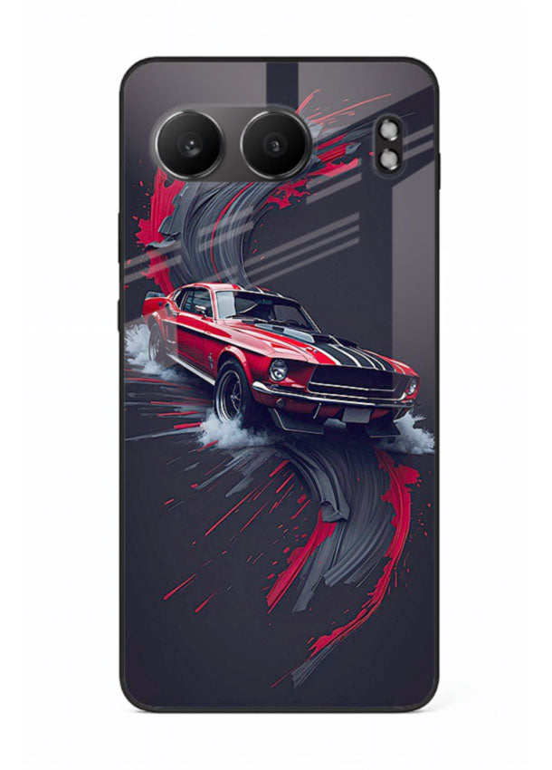 Classic Ford Mustang with red paint splash effect in dynamic motion design for OnePlus Nord 4