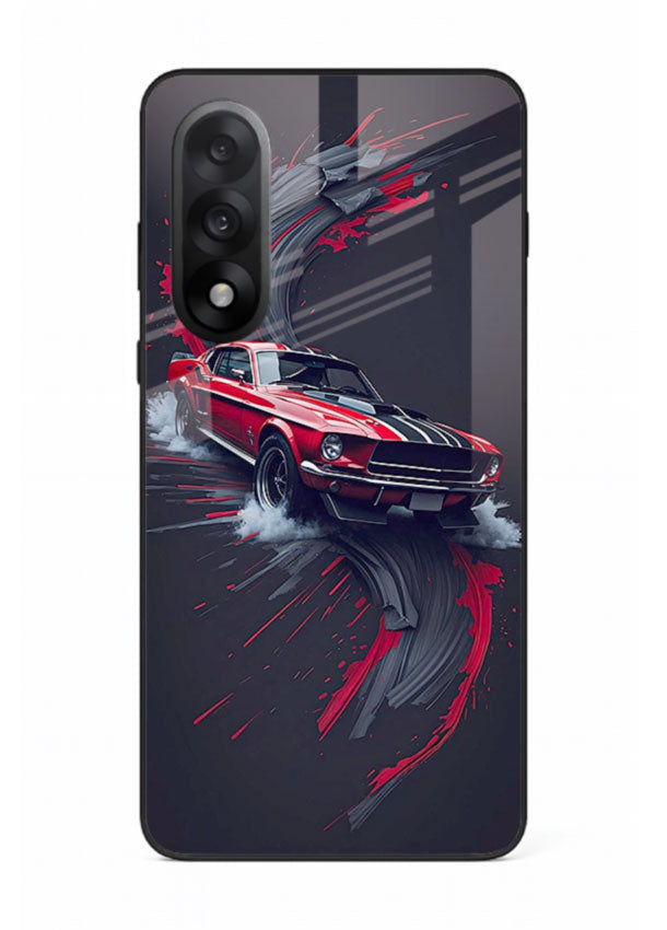 Classic Ford Mustang with red paint splash effect in dynamic motion design for OnePlus Nord 5