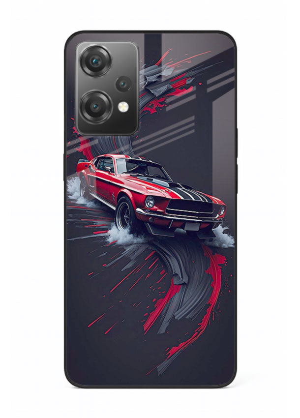 Classic Ford Mustang with red paint splash effect in dynamic motion design for OnePlus Nord CE2 Lite 5G