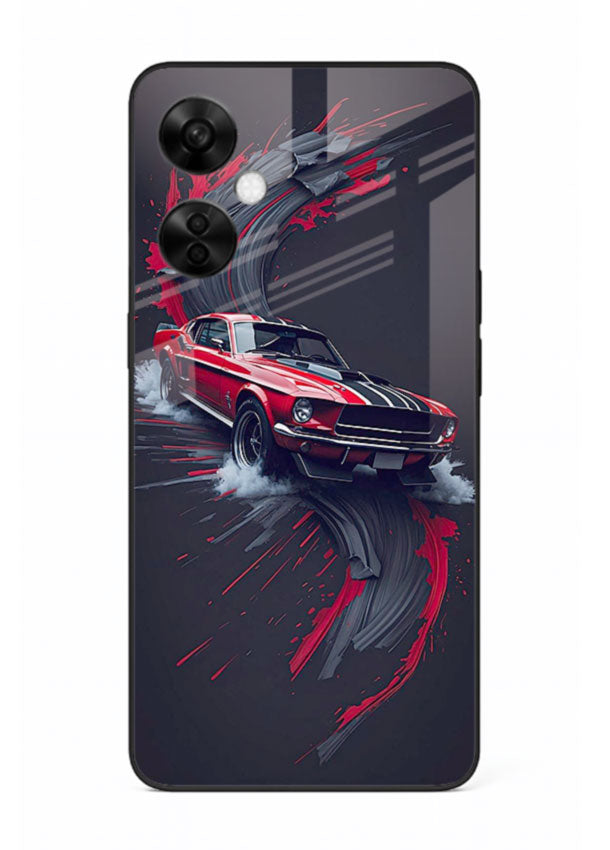 Classic Ford Mustang with red paint splash effect in dynamic motion design for OnePlus Nord CE3 Lite